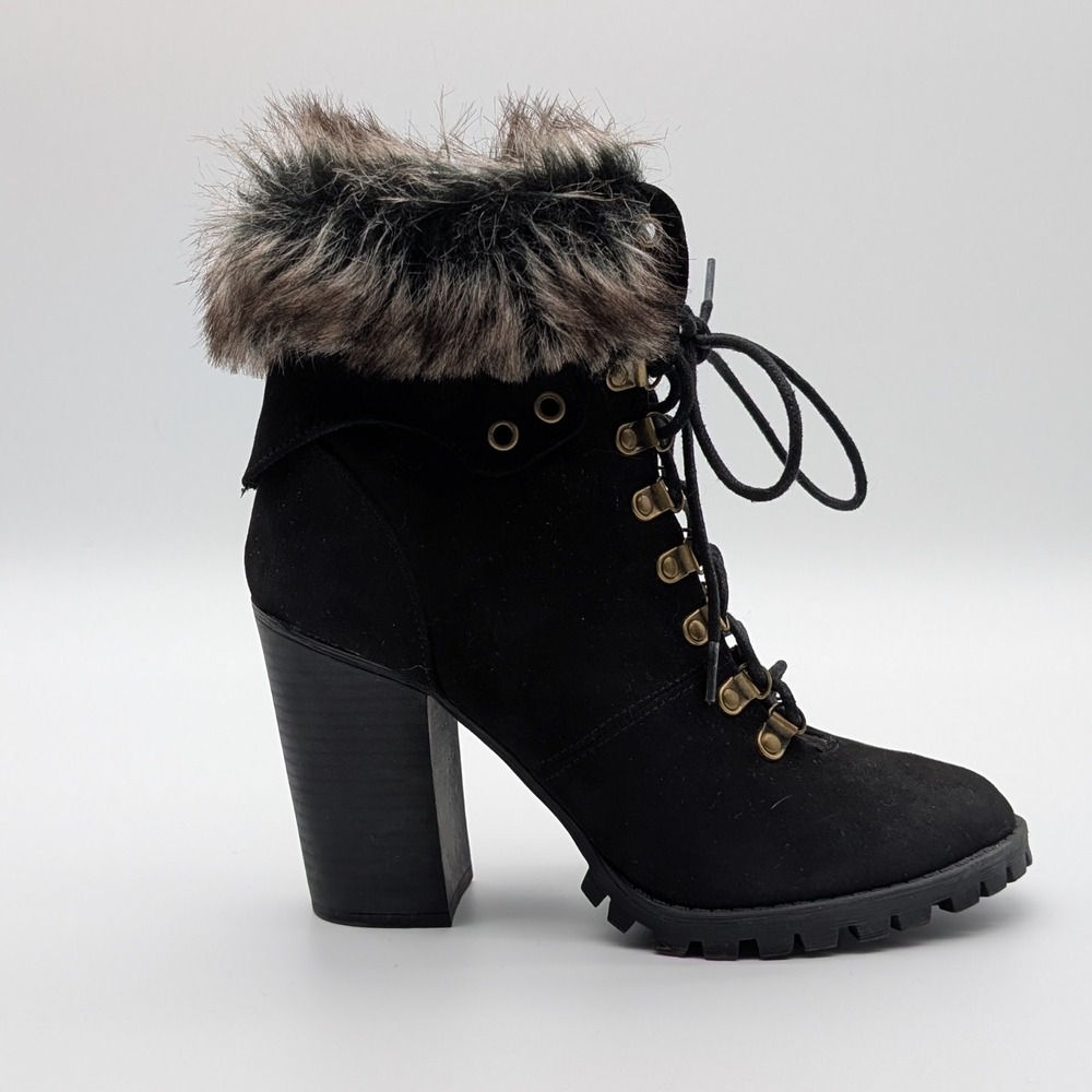 Fergalicious by Fergie Jackie Black Faux Suede Fur Trim Lace Up Heeled Boots 7M